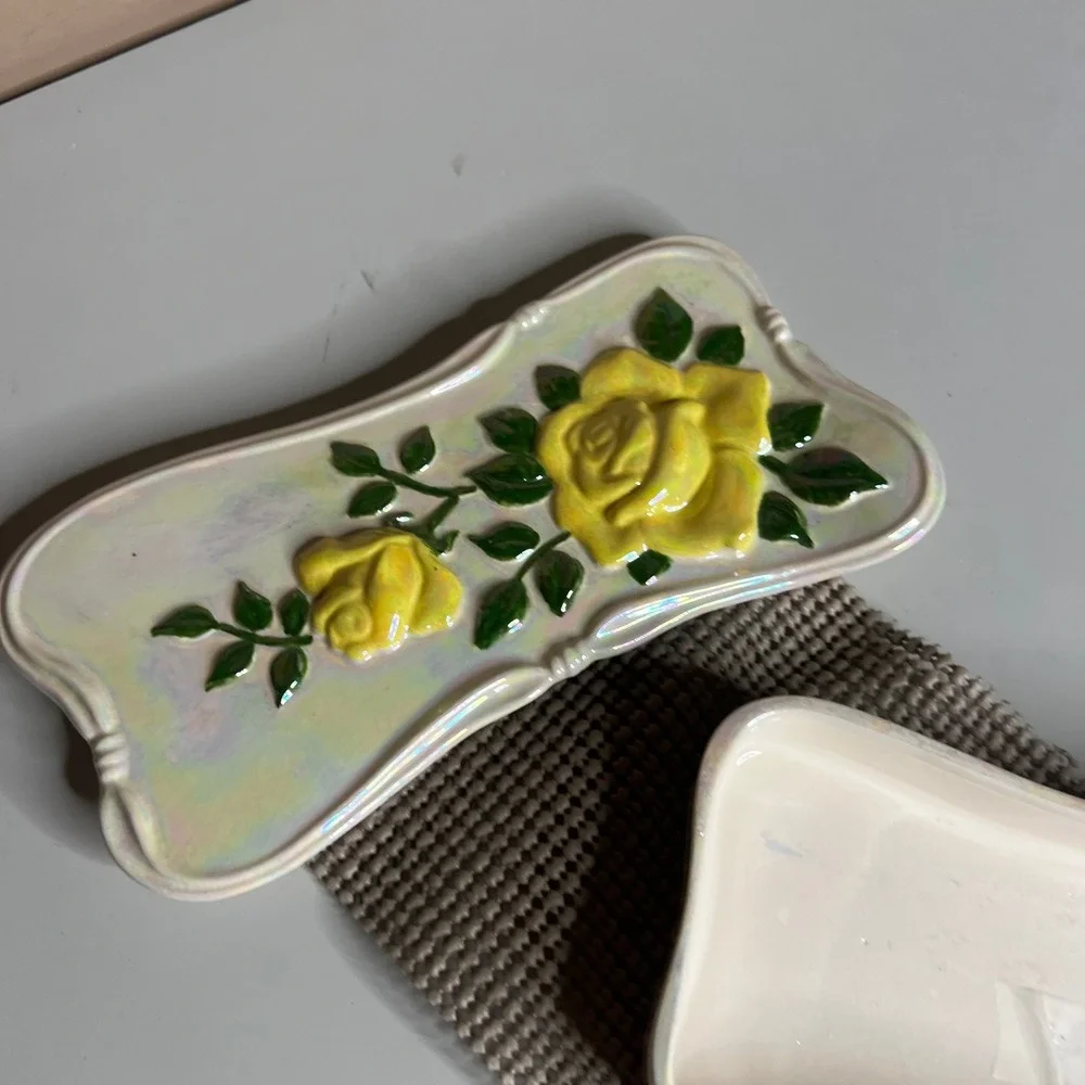 Vintage Iridescent Lusterware Ceramic Trinket Box Rose Floral Jewelry Case
